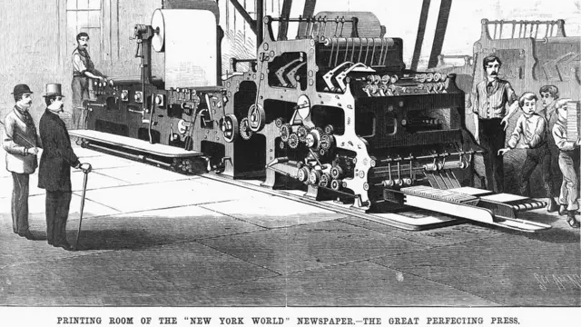 Grabado de la imprenta del diario The World