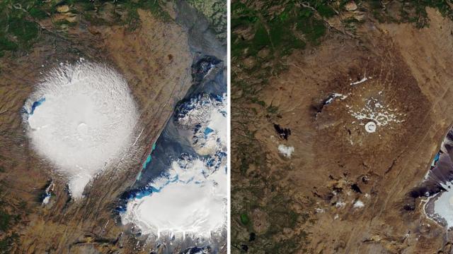 NASA Earth Observatory satellite images show Okjokull glacier in 1986, and its remains in 2019