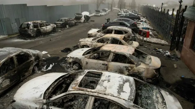 Burnt out cars in Almaty
