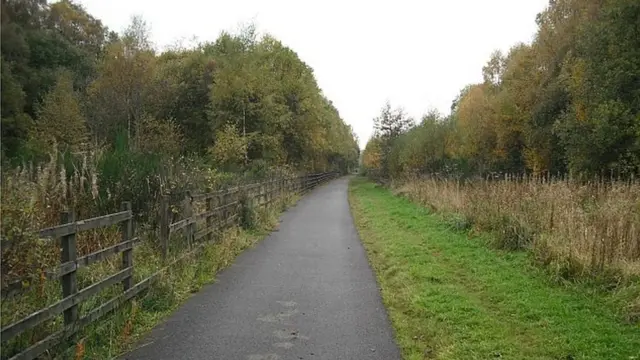 Осенний лес и дорога на месте железнодорожного полотна