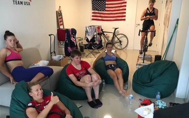 Kelly Catlin, pictured with fellow Team USA cyclists relaxing before competition