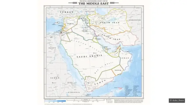 خريطة الشرق الأوسط في حال لم تقع الحرب العالمية الثانية رُسمت وفقا لمعايير الجمعية الملكية لرسم الخرائط الخيالية