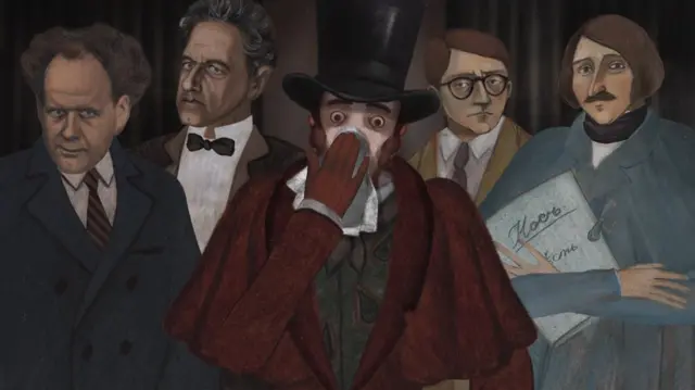 Михаил Буогаков, Всеволод Мейерхольд, лишившийся носа майор Ковалев, Дмитрий Шостакович и Николай Гоголь - герои анимационного фильма Андрея Хржановского "Нос или Заговор "не таких"