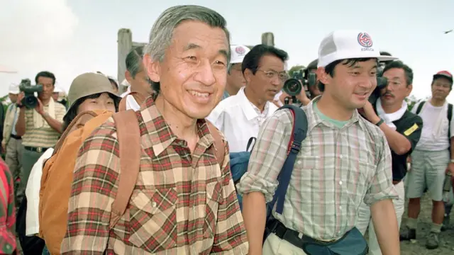 Japanese Emperor Akihito (L) with his son Crown Prince Naruhito enjoy climbing Mt. Minamigassan in Nasu, Tochigi, Japan, August 1992