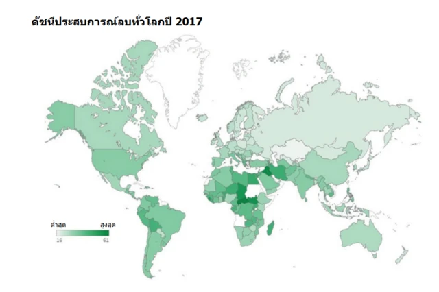 แผนที่แสดงค่าดัชนีประสบการณ์ลบจากทั่วโลก โดยเริ่มจากค่าต่ำสุด (16) ซึ่งแทนด้วยสีขาว ไปจนถึงค่าสูงสุด (61) ซึ่งแทนด้วยสีเขียวเข้ม