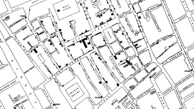 Mapa elaborado por John Snow para investigar un brote de cólera en Londres en el siglo XIX.