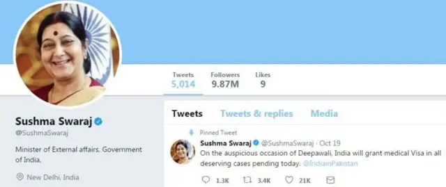વિદેશ પ્રધાન અને બીજેપીનાં સીનિઅર નેતા સુષ્મા સ્વરાજના ટ્વિટર પેજનો ફોટોગ્રાફ