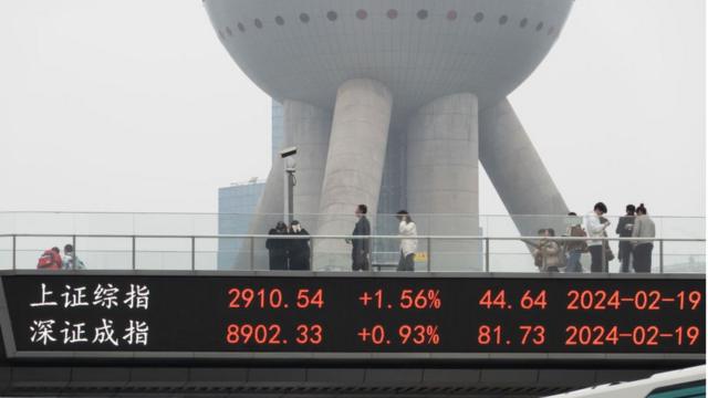 2024年2月19日，中国上海陆家嘴步行桥大屏幕上显示的A股交易日收盘指数。
