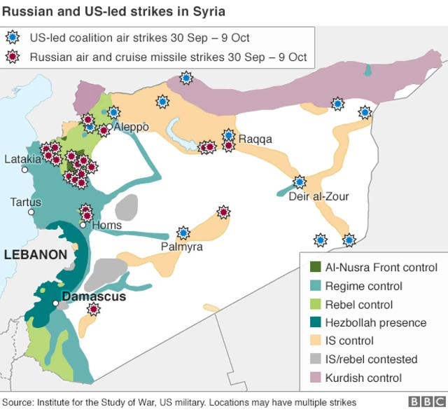 9月末から今月9日にかけて、米主導の有志連合(青)とロシアがそれぞれ行ったシリア空爆地点(ISWと米軍の発表)