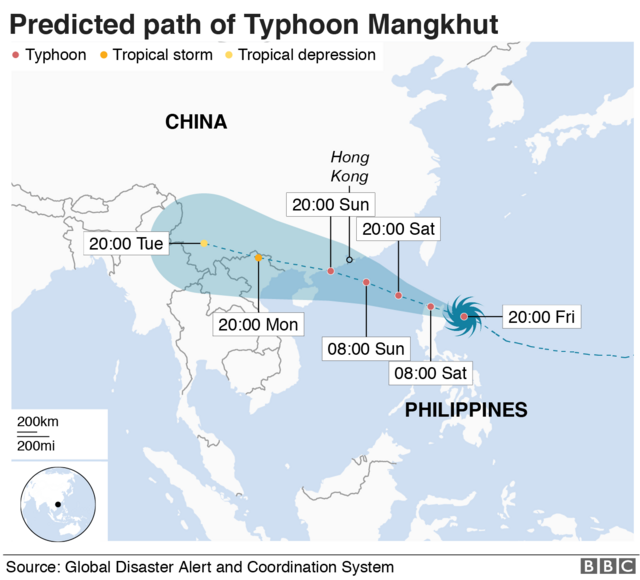 Predict path of Typhoon Mangkhut which will make landfall on the Philippines at 02:00 local time