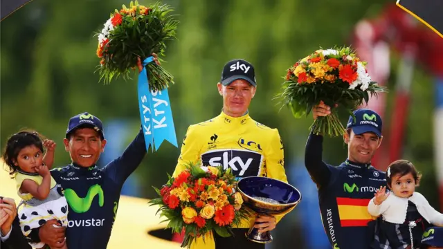 En el podio: Nairo Quintana, Christopher Froome, y Alejandro Valverde.