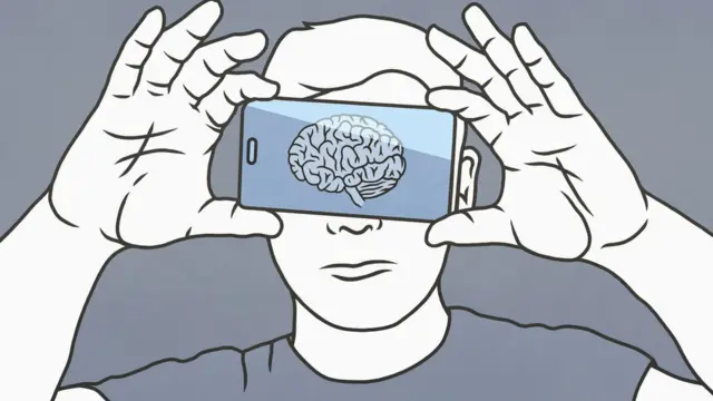 Una ilustracion de alguien mostrando un cerebro en un teléfono