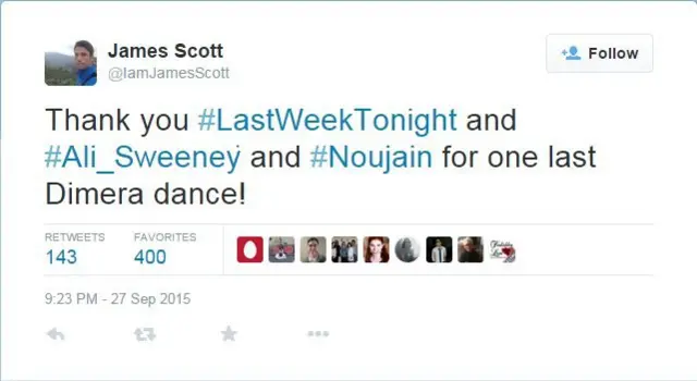 James Scott tweet from 27 September: "Thank you #LastWeekTonight and #Ali_Sweeney and #Noujain for one last Dimera dance!"