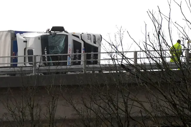 A lorry blown over on the M4 in Margam, Neath Port Talbot, on 18 February 2022