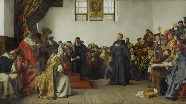Lutero, recusando-se a se retratar, em obra de Anton Von Werner, hoje em domínio público.