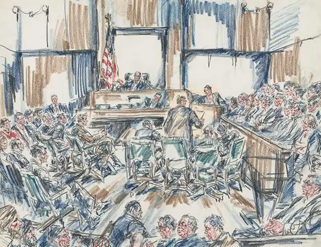 Howard Brodie. [Harrisburg Seven Trial—Overall Court Scene], 1972. Color crayon on white paper. Prints and Photographs Division, Library of Congress (044.00.00)