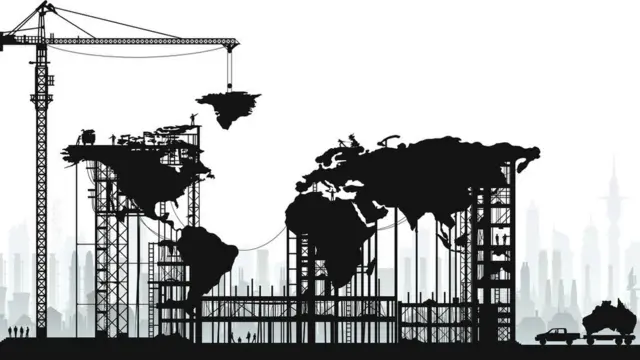 Ilustração do mapa múndi construído sobre um canteiroobras