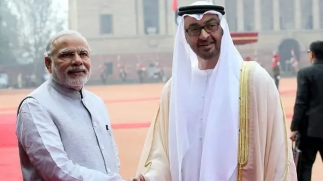 भारत के दौरे पर प्रधानमंत्री नरेंद्र मोदी के साथ यूएई के क्राउन प्रिंस शेख मोहम्मद