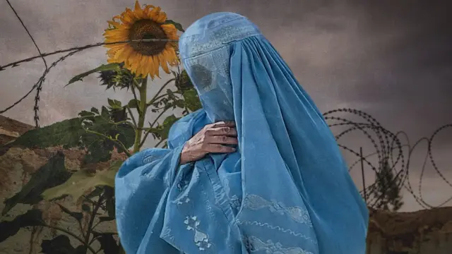 Pregnant Afghan woman. Photo collage illustration from photographs courtesy Getty Images