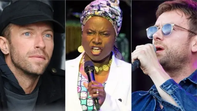 Zaidi ya wasanii 80 wanataka Bobi wine aachiwe Huru akiwemo Chris Martin (kustoto), Angelique Kidjo (katikati) na Damon Albarn (kulia)