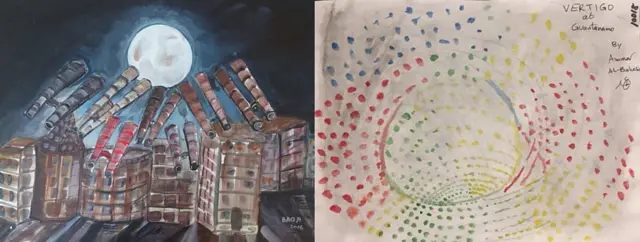 Binoculars Pointing at the Moon by Ahmad Rabbani and Vertigo at Guantanamo by Ammar al-Baluchi