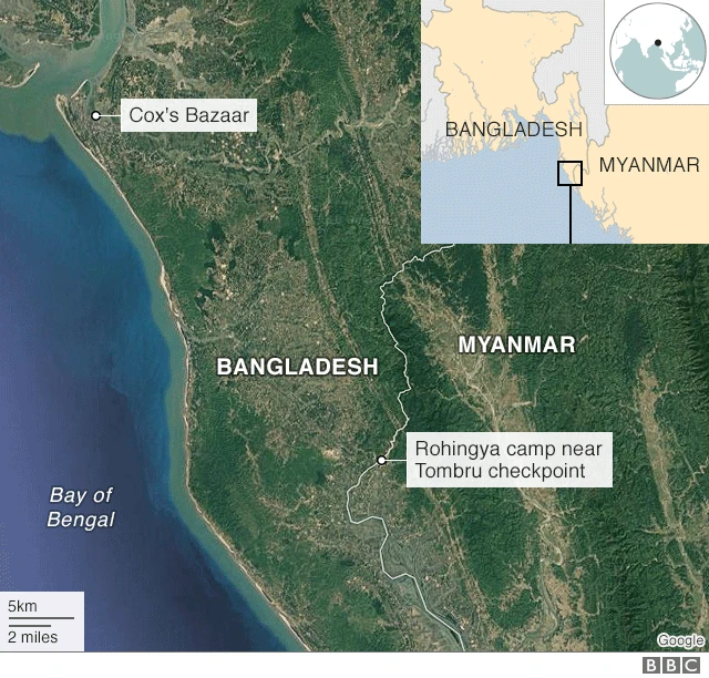 ロヒンギャ難民キャンプの位置関係。キャンプは、バングラデシュとミャンマー国境にあるトンブル検問所の近くにある
