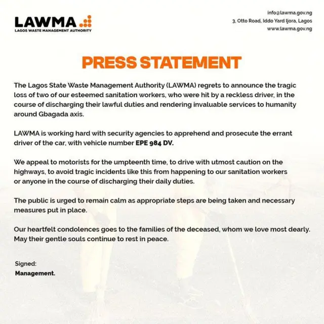 Aworan atẹjade ti LAWMA fi sita lori iku awọn agbalẹ naa