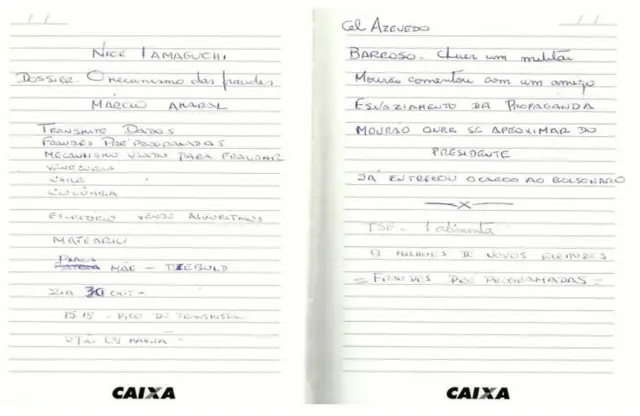 Duas páginas de caderno com logo da Caixa e anotações esparsas