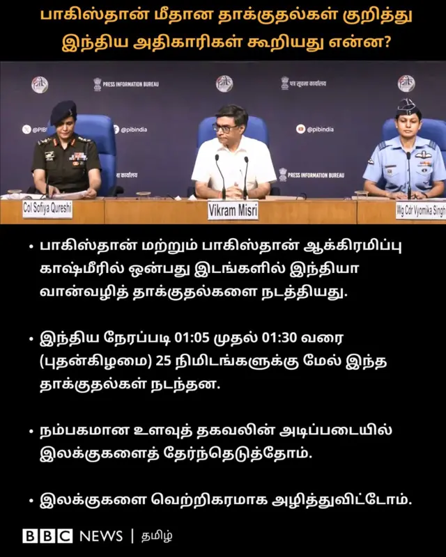 பாகிஸ்தான் மற்றும் பாகிஸ்தான் ஆக்கிரமிப்பு காஷ்மீரில் ஒன்பது இடங்களில் இந்தியா வான்வழித் தாக்குதல்களை நடத்தியது. இந்திய நேரப்படி 01:05 முதல் 01:30 வரை 25 நிமிடங்களுக்கு மேல் இந்த தாக்குதல்கள் நடந்தன. 