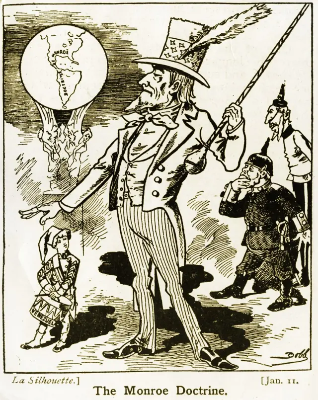 Una caricatura de Inglaterra, Estados Unidos, Alemania y el bloqueo venezolano. 