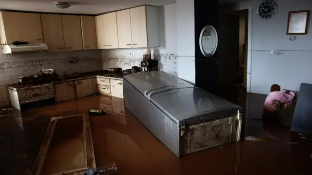 Холодильник плавает в воде внутри затопленной квартиры после урагана «Эрминио» в городе Неа-Макри, недалеко от Афин, Греция, 2 апреля 2026 года.