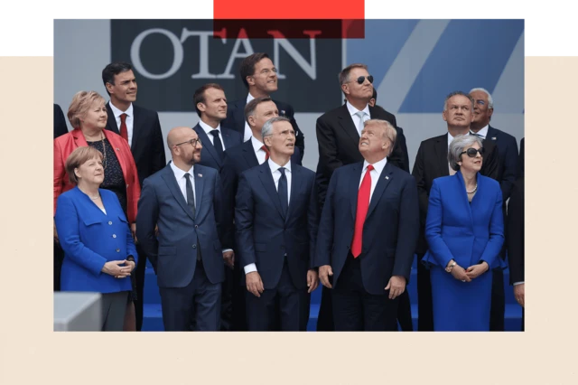 German Chancellor Angela Merkel, Belgian Prime Minister Charles Michel, NATO Secretary General Jens Stoltenberg, US President Donald Trump and British Prime Minister Theresa May attend the opening ceremony at the 2018 Nato Summit on 11 July 2018 in Brussels, Belgium.