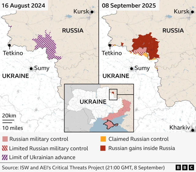 Na map wey dem put side-by-side, you go see how land dey change hand for Russian border between Russia and Ukraine from August 16, 2024, to September 8, 2025. Left side (2024): Purple line show where Ukraine soldiers reach. Right side (2025): Small area cross Ukraine border dey yellow small to show say Russia dey claim say dem dey control am. You go see names like Kursk, Tetkino, and Sumy for di map. Source: ISW