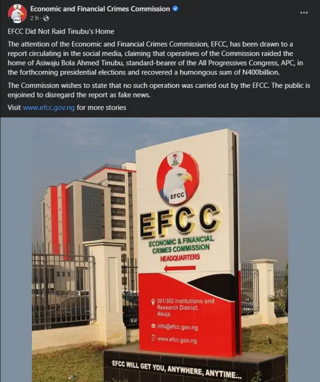 Aworan atẹjade EFCC loju opo Facebook rẹ