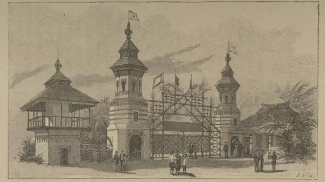 Gerbang masuk ke Kampung Jawa pada perhelatan Expositions Universelle Coloniale di Paris, Prancis, pada 6 Mei-31 Oktober 1889. 