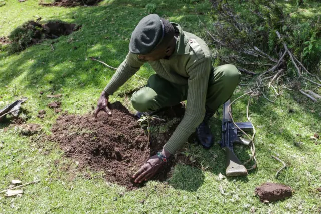 One armed Kenya forest service ranger dey plant one tree seedling