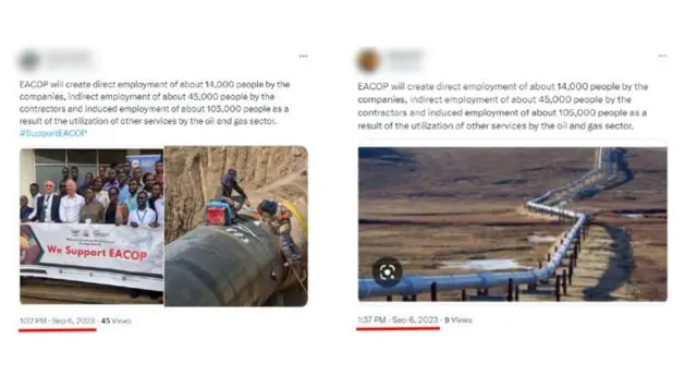 Ikonte zibiri zisa kuri EACOP zandikiwe rimwe ku makonte abiri atandukanye