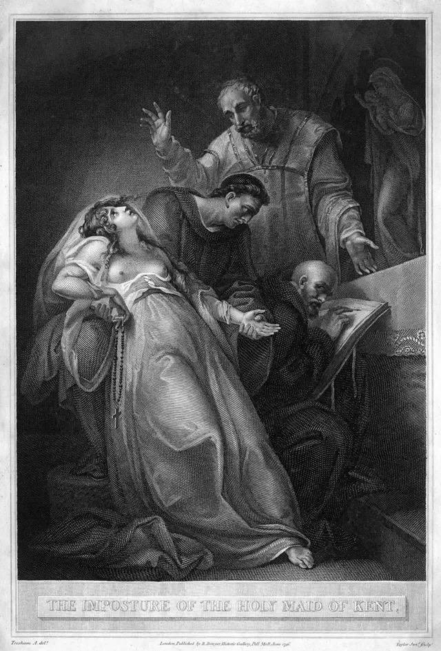 « L'imposture de la Sainte Vierge du Kent », une illustration datant de 1796, représente Barton dans un état semblable à une transe