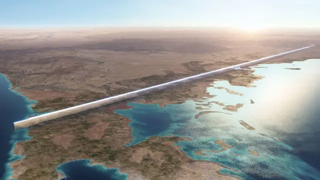 Suudi topraklarını deniz kenarında geçen beyaz bir çizgiyi gösteren bilgisayar tarafından oluşturulmuş bir görüntü