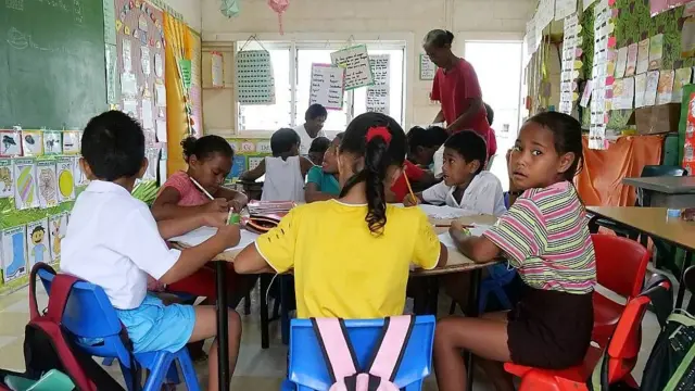 Niños sentados en torno a una mesa en la escuela 