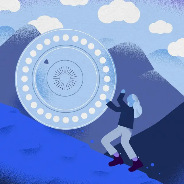 피임약을 바위처럼 산 위로 밀고 올라가는 여성을 그린 일러스트