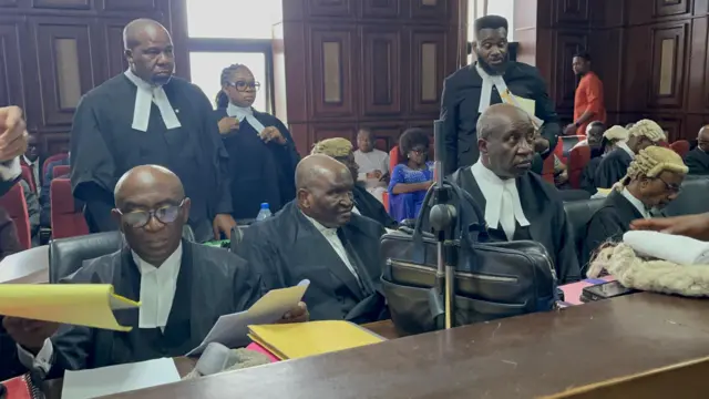 Sitting from left: Paul Erokoro (SAN), Kanu Agabi (SAN) and Emeka Etiaba (SAN), some of Nnamdi Kanu lawyers