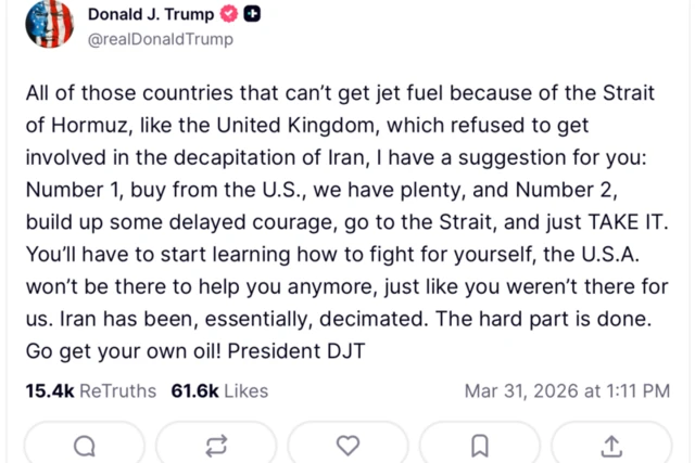 ट्रुथ सोशल पर एक पोस्ट में, डोनाल्ड ट्रम्प ने ब्रिटेन जैसे देशों की आलोचना की कि उन्होंने 'ईरानी शासन को गिराने' में भाग लेने से इनकार कर दिया