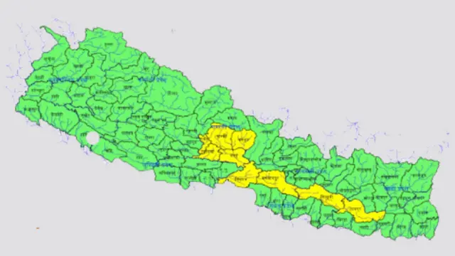 पहेँलो रङ्ग पोतिएको क्षेत्रमा जलसतह बढेको र जोखिम मध्यम स्तरमा पुगेको देखाइएको छ