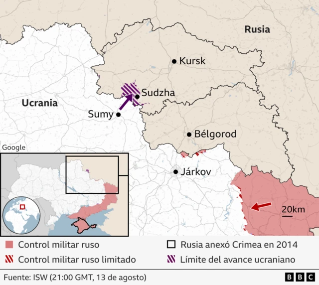 Gráfico de la región de Kursk en relación con Ucrania.