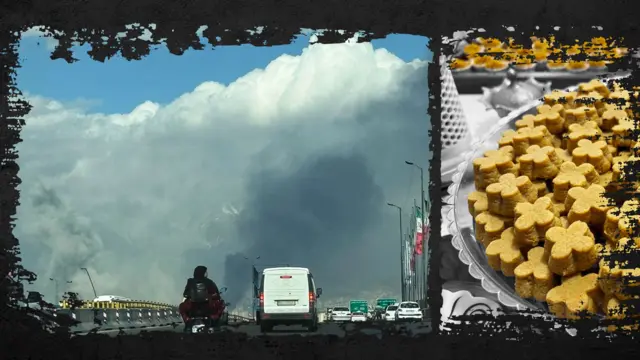 Composite image. On the left, it shows dark smoke rising over a road with a motorbike and white van driving along it. On the right, it shows a plate piled high with small biscuits cut in a decorative shape. The image has had a frame added in the style of distressed black paint.