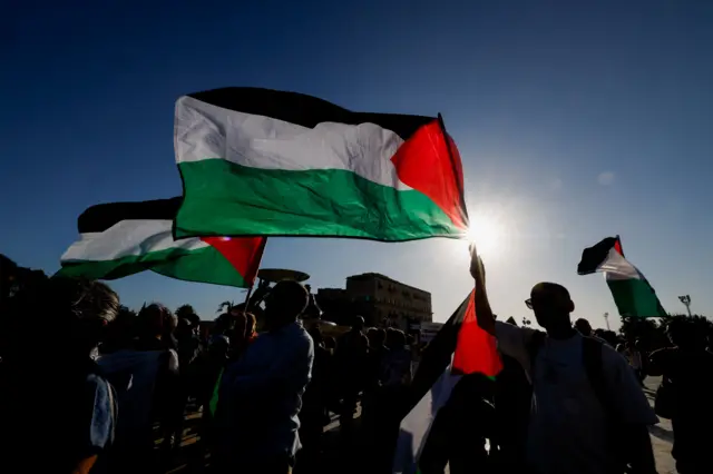 أشخاص يحملون أعلامًا فلسطينية خلال احتجاج "تحرك الآن ضد الإبادة الجماعية في غزة"، وسط الصراع المستمر بين إسرائيل وحماس، في فاليتا، مالطا، 29 يوليو/تموز 2025