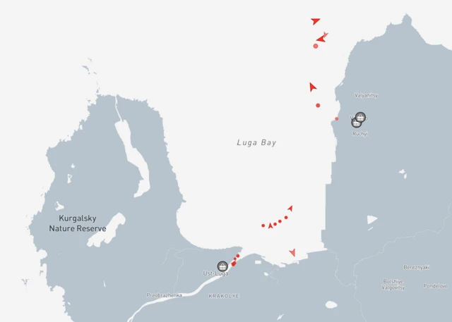 Карта с сайта Marine Traffic, на которой видно, что танкеры и другие суда возле Усть-Луги сейчас находятся на якорной стоянке.