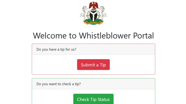 Screenshot of the whistle-blower portal of di Nigeria Ministry of Finance