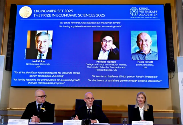 The Nobel Prize in Economic Sciences 2025, is presented during a press conference at the Royal Swedish Academy of Sciences in Stockholm, Sweden on Monday 13 October 2025.